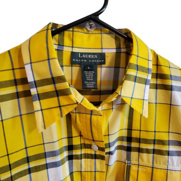 Lauren Ralph Lauren Yellow Blue Plaid Roll Tab Sleeve Button Up Blouse Large - Picture 3 of 14